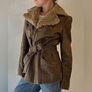 Outbrook Brown Distressed Leather Vegan Fur Collar Y2K Vintage Womens size S